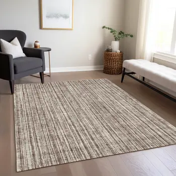 3' X 5' Brown And Ivory Striped Washable Indoor Outdoor Area Rug