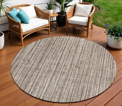 8' Brown And Ivory Round Striped Washable Indoor Outdoor Area Rug