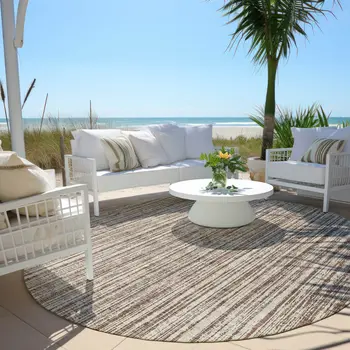 8' Brown And Ivory Round Striped Washable Indoor Outdoor Area Rug