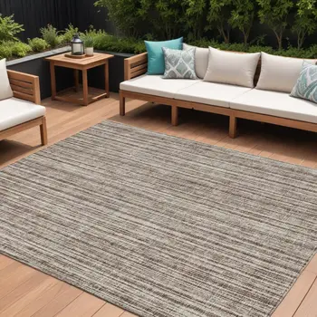 9' X 12' Brown And Ivory Striped Washable Indoor Outdoor Area Rug