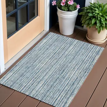 3' X 5' Blue And Ivory Striped Washable Indoor Outdoor Area Rug