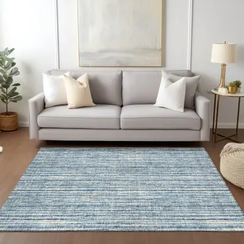 3' X 5' Blue And Ivory Striped Washable Indoor Outdoor Area Rug