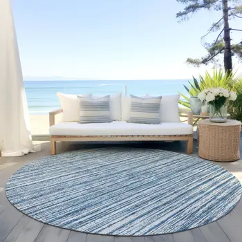 8' Blue And Ivory Round Striped Washable Indoor Outdoor Area Rug
