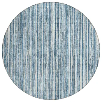 8' Blue And Ivory Round Striped Washable Indoor Outdoor Area Rug