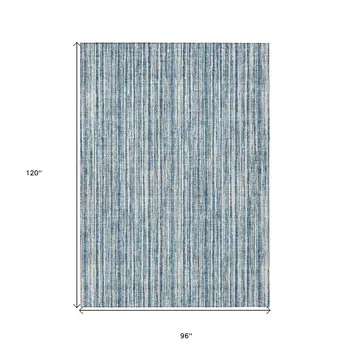 8' X 10' Blue And Ivory Striped Washable Indoor Outdoor Area Rug