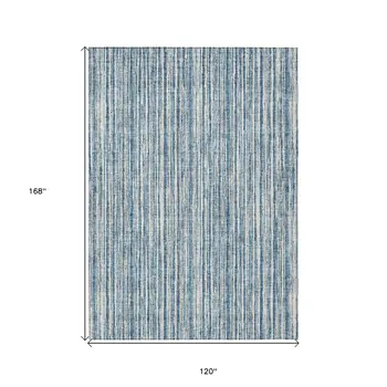 10' X 14' Blue And Ivory Striped Washable Indoor Outdoor Area Rug