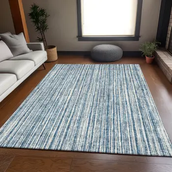 10' X 14' Blue And Ivory Striped Washable Indoor Outdoor Area Rug
