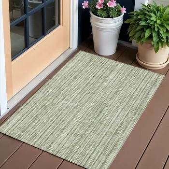 3' X 5' Green And Ivory Striped Washable Indoor Outdoor Area Rug