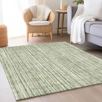 5' X 8' Green And Ivory Striped Washable Indoor Outdoor Area Rug