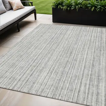 5' X 8' Gray And Silver Striped Washable Indoor Outdoor Area Rug