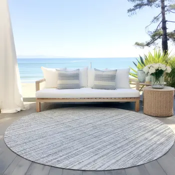 8' Gray And Silver Round Striped Washable Indoor Outdoor Area Rug