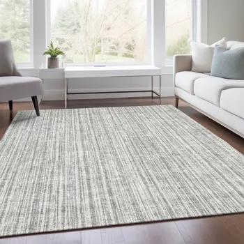 8' X 10' Gray And Silver Striped Washable Indoor Outdoor Area Rug