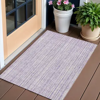 3' X 5' Lavender And Ivory Striped Washable Indoor Outdoor Area Rug