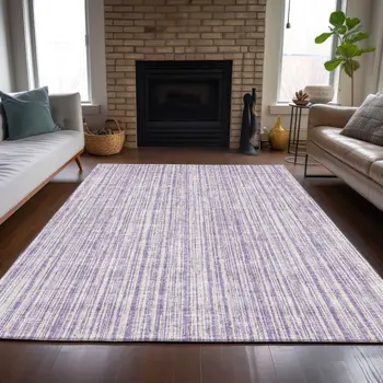 3' X 5' Lavender And Ivory Striped Washable Indoor Outdoor Area Rug