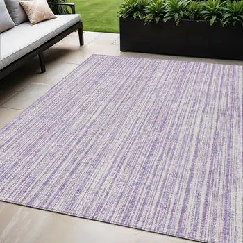 5' X 8' Lavender And Ivory Striped Washable Indoor Outdoor Area Rug