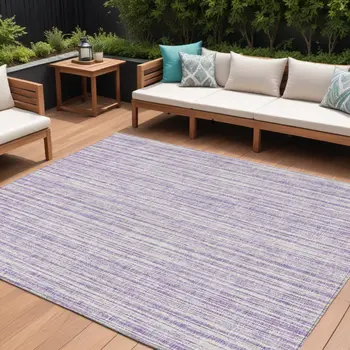 8' X 10' Lavender And Ivory Striped Washable Indoor Outdoor Area Rug