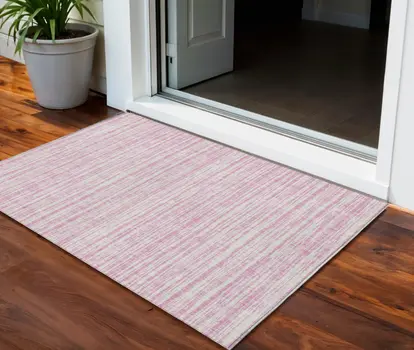3' X 5' Pink And Ivory Striped Washable Indoor Outdoor Area Rug