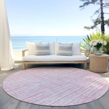 8' Pink And Ivory Round Striped Washable Indoor Outdoor Area Rug