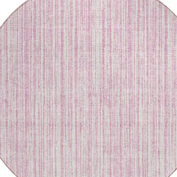 8' Pink And Ivory Round Striped Washable Indoor Outdoor Area Rug