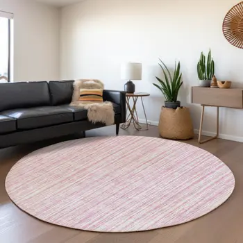 8' Pink And Ivory Round Striped Washable Indoor Outdoor Area Rug