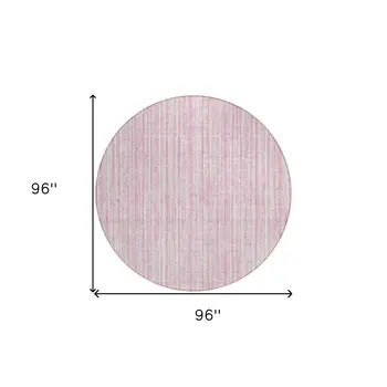 8' Pink And Ivory Round Striped Washable Indoor Outdoor Area Rug