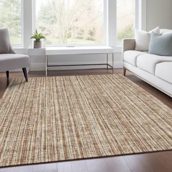 3' X 5' Orange And Beige Striped Washable Indoor Outdoor Area Rug