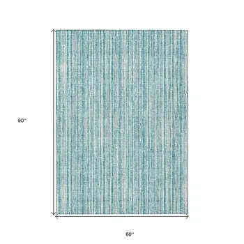 5' X 8' Teal Blue And Ivory Striped Washable Indoor Outdoor Area Rug