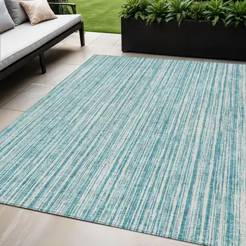 5' X 8' Teal Blue And Ivory Striped Washable Indoor Outdoor Area Rug