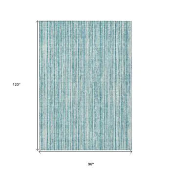 8' X 10' Teal Blue And Ivory Striped Washable Indoor Outdoor Area Rug