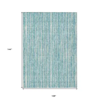 9' X 12' Teal Blue And Ivory Striped Washable Indoor Outdoor Area Rug
