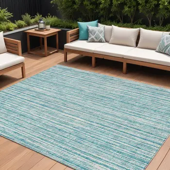 9' X 12' Teal Blue And Ivory Striped Washable Indoor Outdoor Area Rug