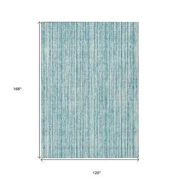 10' X 14' Teal Blue And Ivory Striped Washable Indoor Outdoor Area Rug