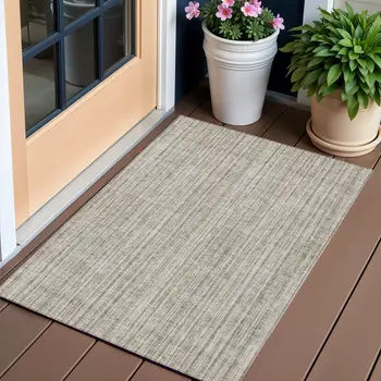 3' X 5' Taupe And Beige Striped Washable Indoor Outdoor Area Rug