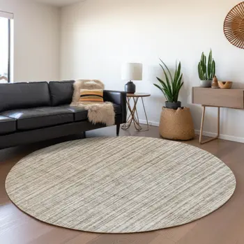 8' Taupe And Beige Round Striped Washable Indoor Outdoor Area Rug