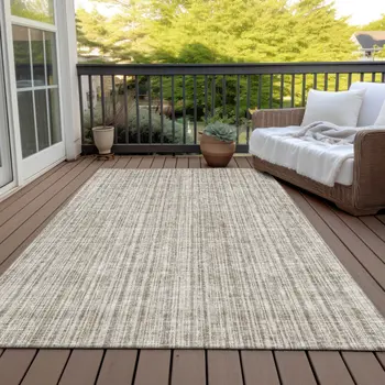9' X 12' Taupe And Beige Striped Washable Indoor Outdoor Area Rug