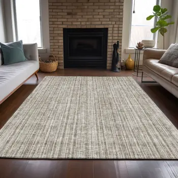 9' X 12' Taupe And Beige Striped Washable Indoor Outdoor Area Rug