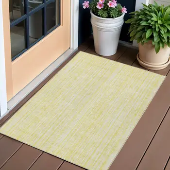 3' X 5' Yellow And Ivory Striped Washable Indoor Outdoor Area Rug