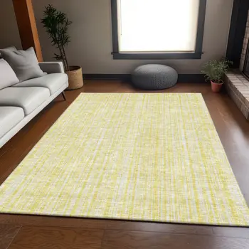 3' X 5' Yellow And Ivory Striped Washable Indoor Outdoor Area Rug