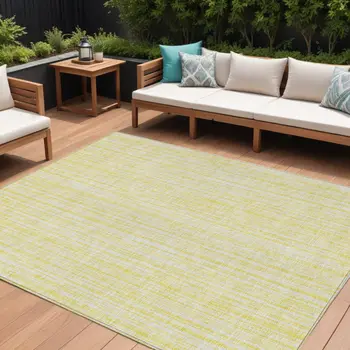 10' X 14' Yellow And Ivory Striped Washable Indoor Outdoor Area Rug