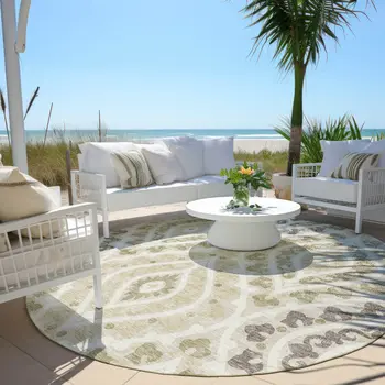 8' Beige Taupe And Ivory Round Floral Washable Indoor Outdoor Area Rug
