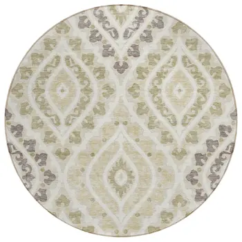 8' Beige Taupe And Ivory Round Floral Washable Indoor Outdoor Area Rug
