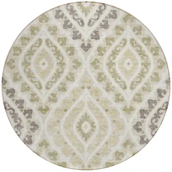 8' Beige Taupe And Ivory Round Floral Washable Indoor Outdoor Area Rug