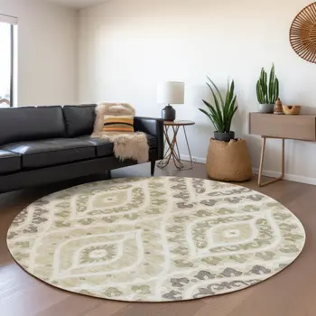 8' Beige Taupe And Ivory Round Floral Washable Indoor Outdoor Area Rug