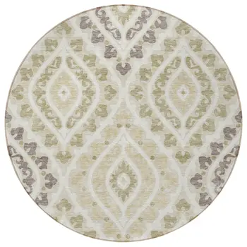 8' Beige Taupe And Ivory Round Floral Washable Indoor Outdoor Area Rug
