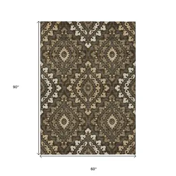 5' X 8' Brown Taupe And Gray Floral Washable Indoor Outdoor Area Rug