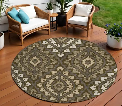 8' Brown Taupe And Gray Round Floral Washable Indoor Outdoor Area Rug