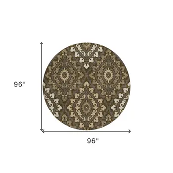 8' Brown Taupe And Gray Round Floral Washable Indoor Outdoor Area Rug