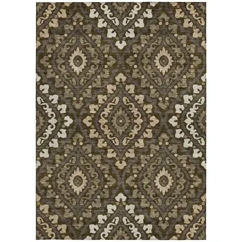 9' X 12' Brown Taupe And Gray Floral Washable Indoor Outdoor Area Rug