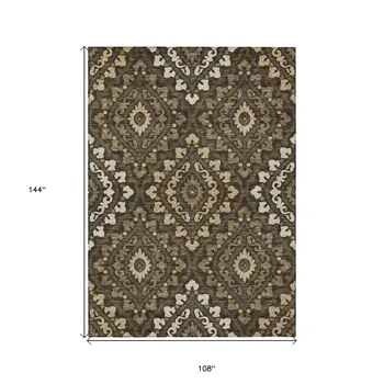 9' X 12' Brown Taupe And Gray Floral Washable Indoor Outdoor Area Rug