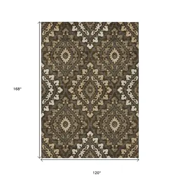 10' X 14' Brown Taupe And Gray Floral Washable Indoor Outdoor Area Rug